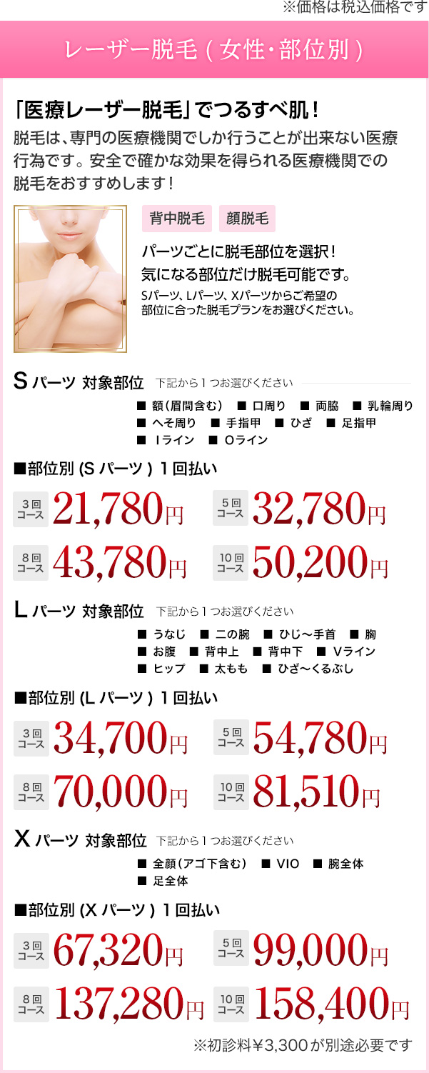 レーザー脱毛(女性・部位別) 安心安全&効果の高い美肌脱毛