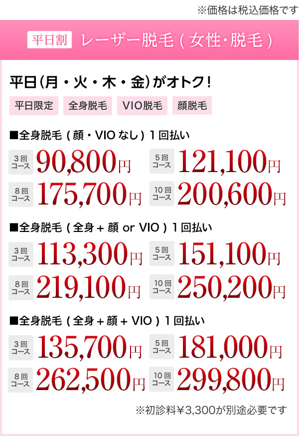 平日割 レーザー脱毛(女性・全身脱毛) 安心安全&効果の高い美肌脱毛